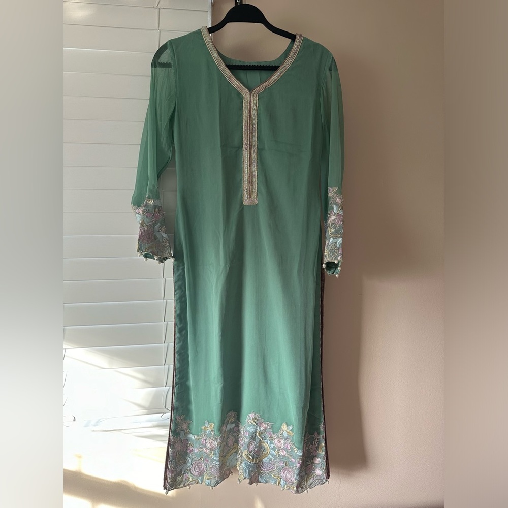 Elegant Green Embroidered Women's Dress